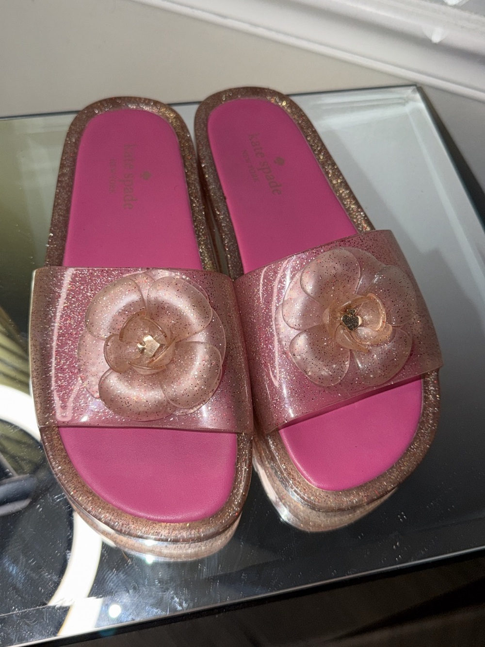 kate spade Pink Glitter Floral Slide Sandals